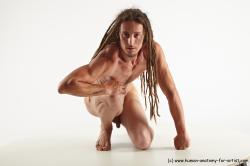 Nude Man White Kneeling poses - ALL Slim Brown Kneeling poses - on one knee Dreadlocks Realistic